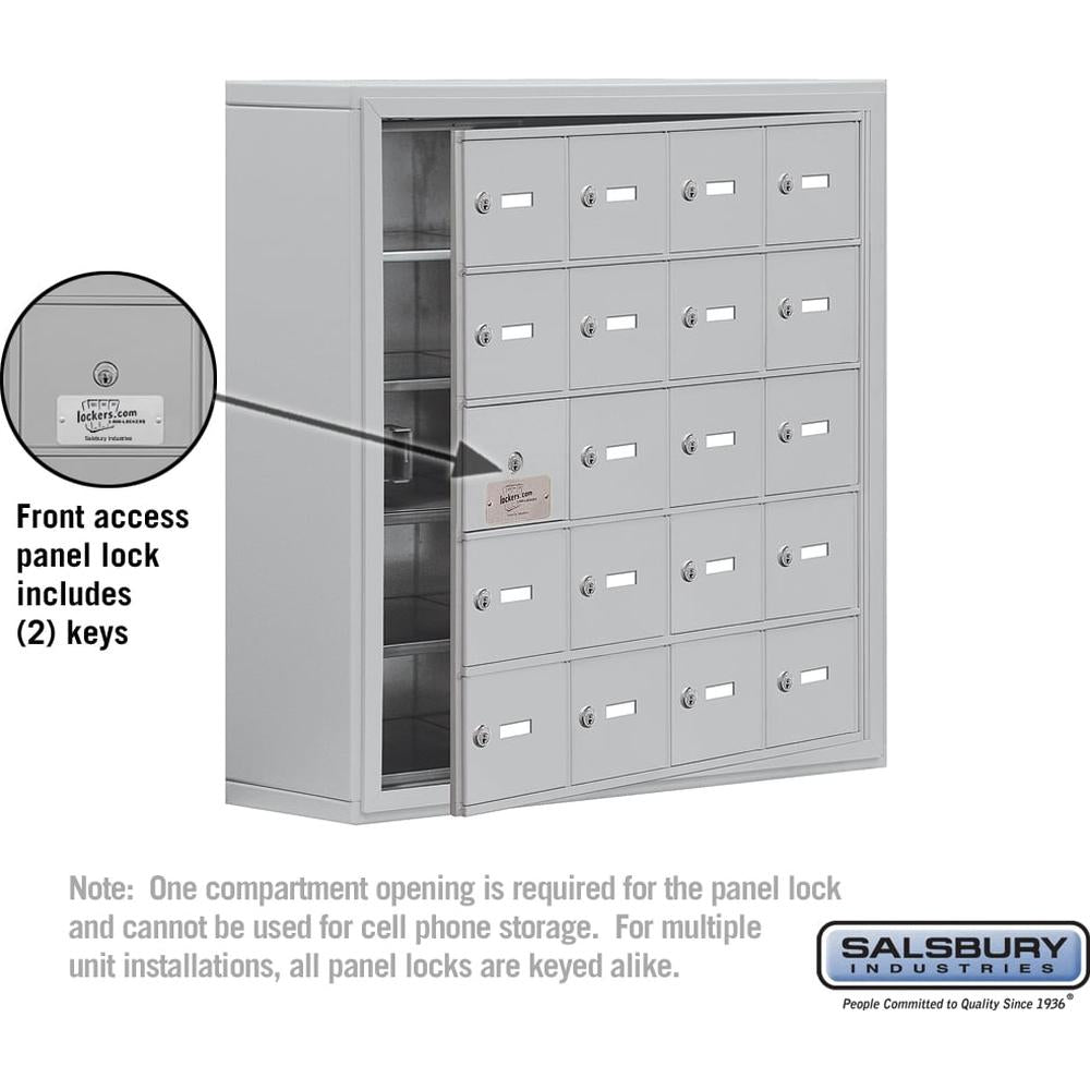 Surface Mounted Cell Phone Storage Locker with 20 A Doors (19 usable) in Aluminum - Keyed Locks by Salsbury