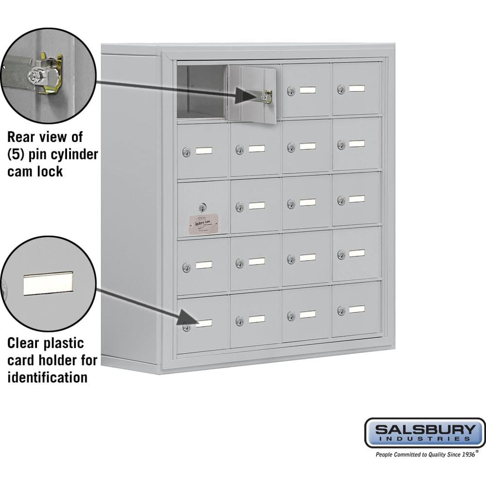 Surface Mounted Cell Phone Storage Locker with 20 A Doors (19 usable) in Aluminum - Keyed Locks by Salsbury