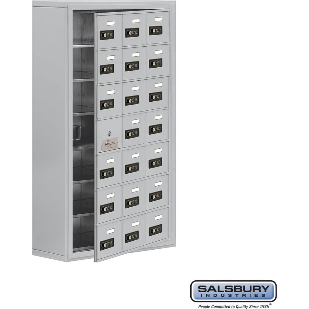 Surface Mounted Cell Phone Storage Locker with 21 A Doors (20 usable) in Aluminum - Keyed Locks by Salsbury