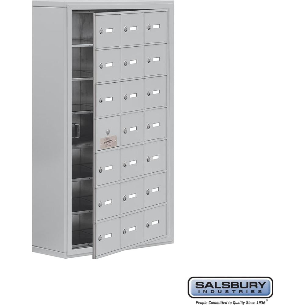 Surface Mounted Cell Phone Storage Locker with 21 A Doors (20 usable) in Aluminum - Keyed Locks by Salsbury