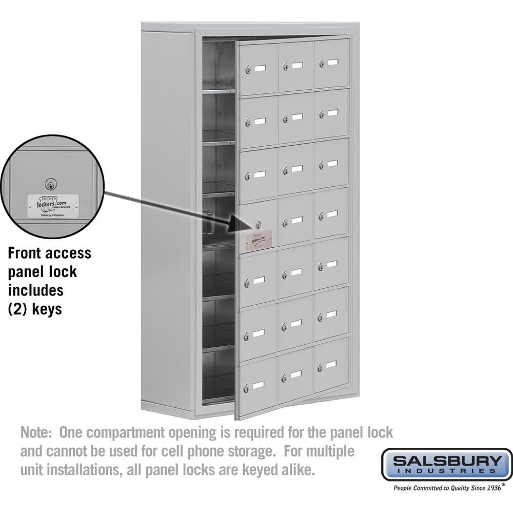 Surface Mounted Cell Phone Storage Locker with 21 A Doors (20 usable) in Aluminum - Keyed Locks by Salsbury