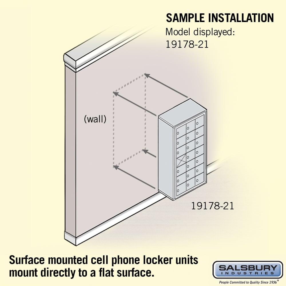 Surface Mounted Cell Phone Storage Locker with 21 A Doors (20 usable) in Aluminum - Keyed Locks by Salsbury