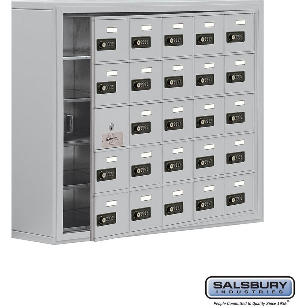 Surface Mounted Cell Phone Storage Locker with 25 A Doors (24 usable) in Aluminum - Keyed Locks by Salsbury