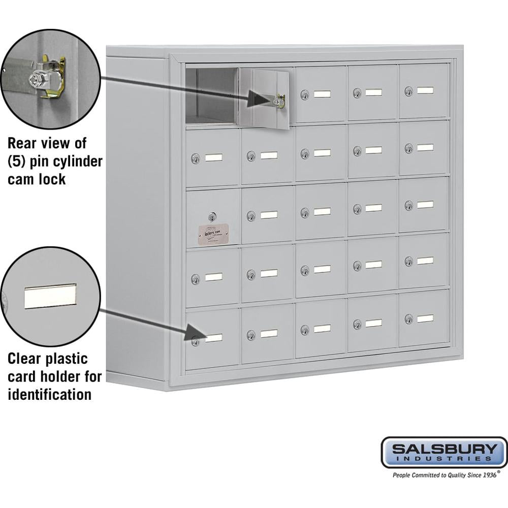 Surface Mounted Cell Phone Storage Locker with 25 A Doors (24 usable) in Aluminum - Keyed Locks by Salsbury
