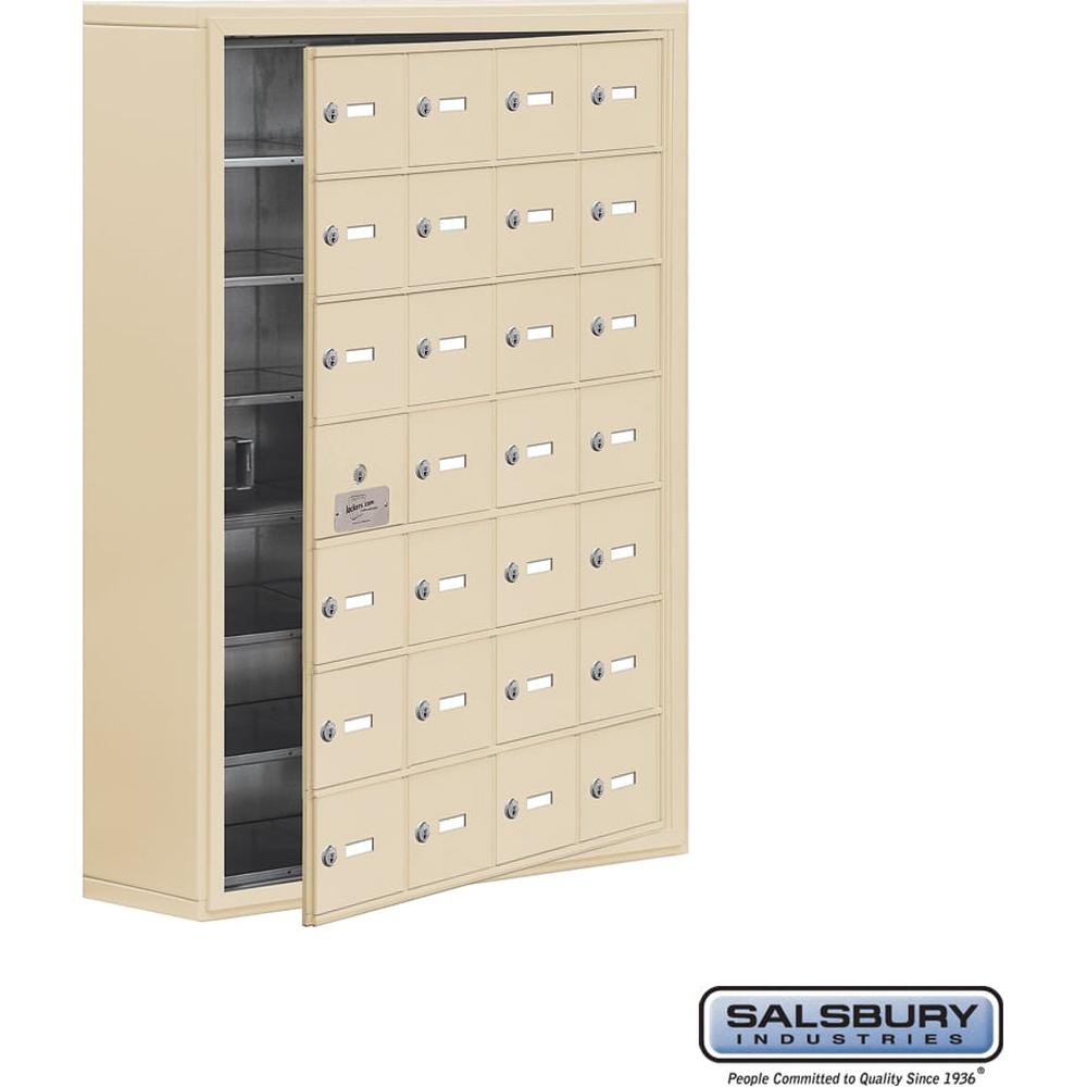 Surface Mounted Cell Phone Storage Locker with 28 A Doors (27 usable) in Aluminum - Keyed Locks by Salsbury