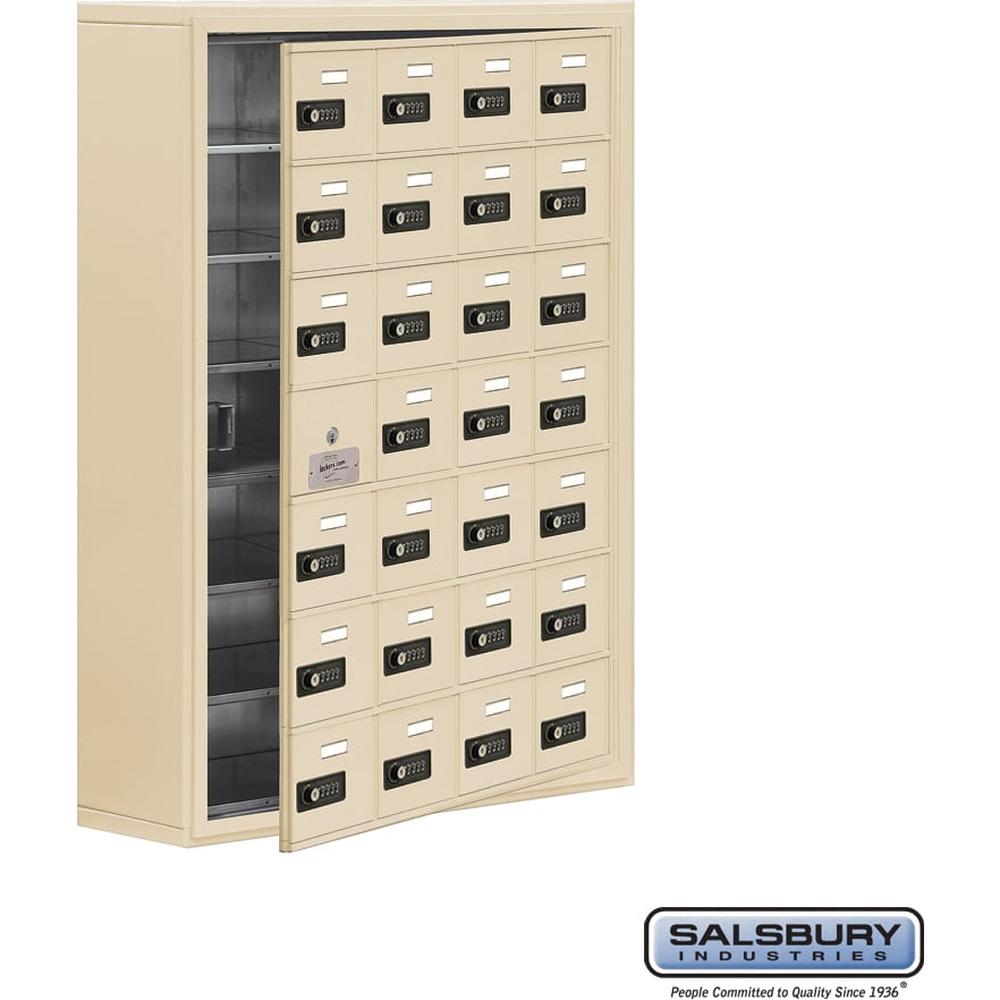 Surface Mounted Cell Phone Storage Locker with 28 A Doors (27 usable) in Aluminum - Keyed Locks by Salsbury