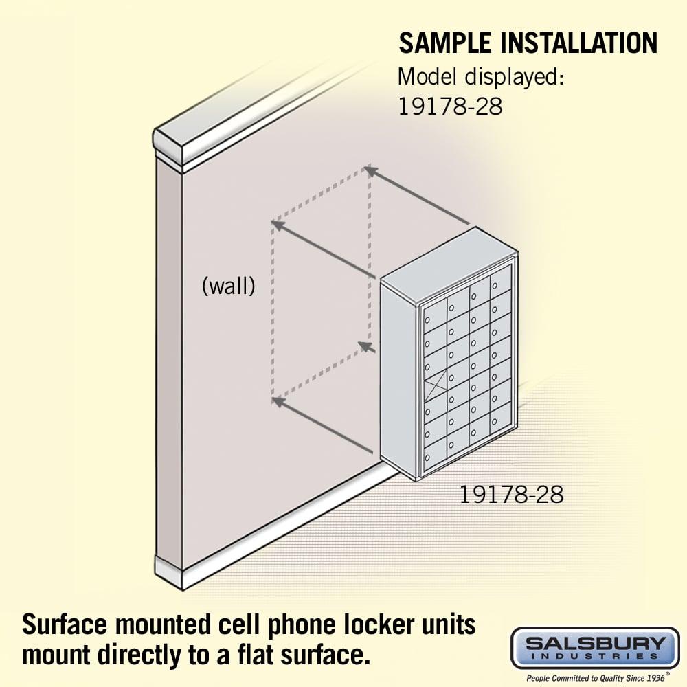 Surface Mounted Cell Phone Storage Locker with 28 A Doors (27 usable) in Aluminum - Keyed Locks by Salsbury