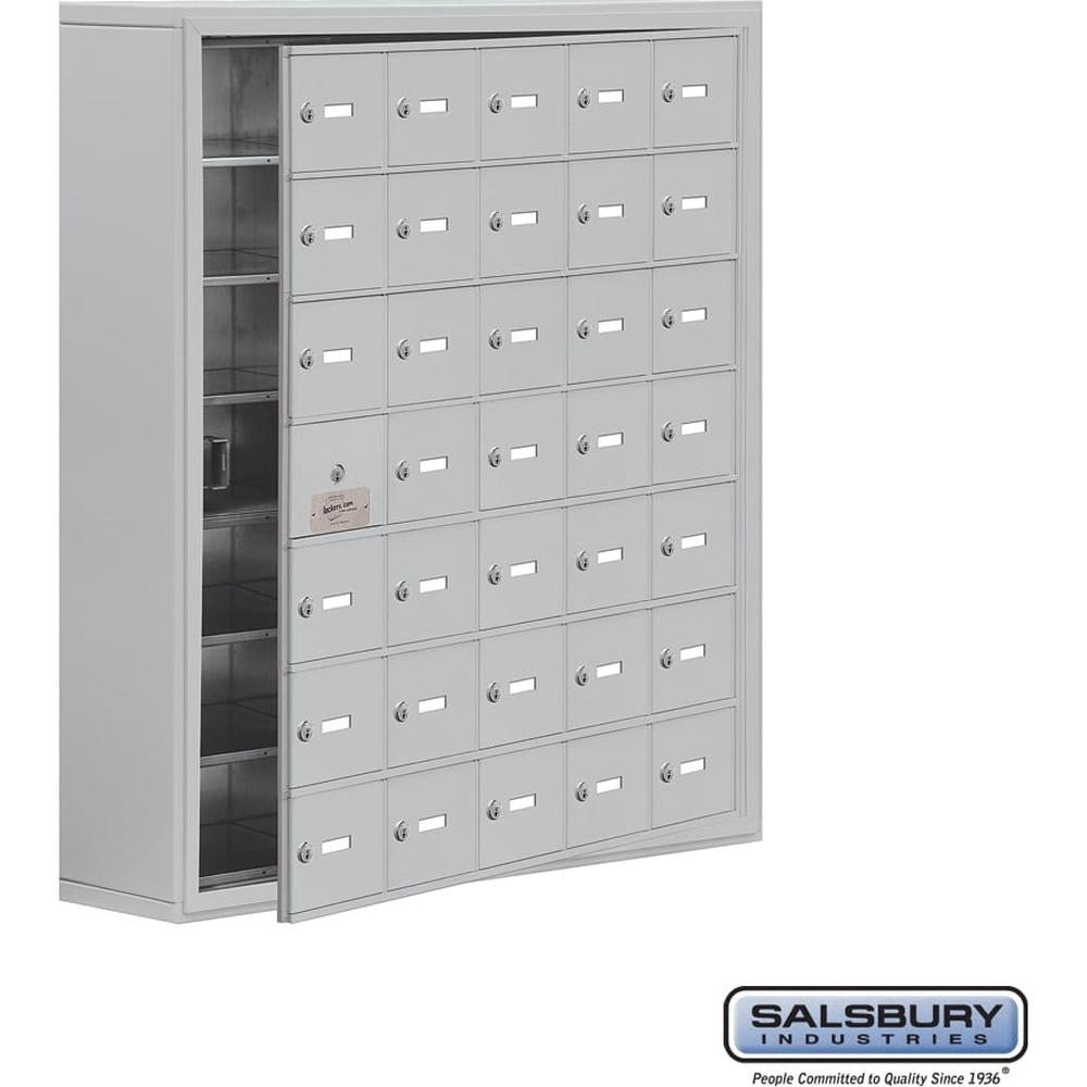 Surface Mounted Cell Phone Storage Locker with 35 A Doors (34 usable) in Aluminum - Keyed Locks by Salsbury
