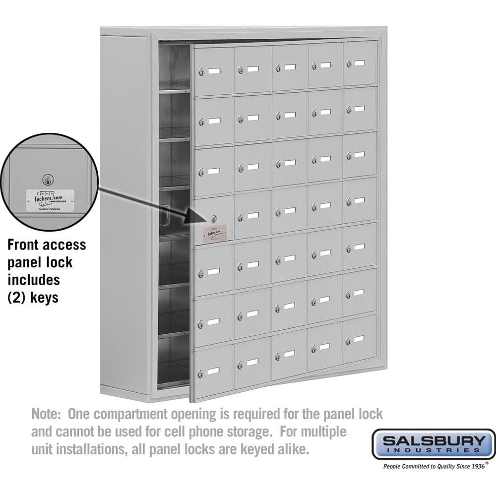 Surface Mounted Cell Phone Storage Locker with 35 A Doors (34 usable) in Aluminum - Keyed Locks by Salsbury