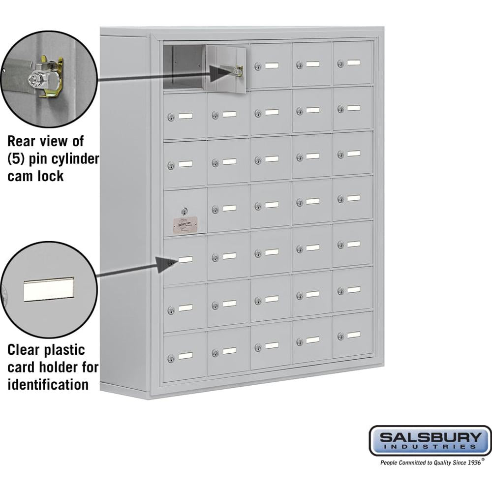 Surface Mounted Cell Phone Storage Locker with 35 A Doors (34 usable) in Aluminum - Keyed Locks by Salsbury