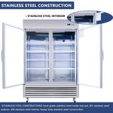 54"W Commercial Refrigerator 42 cu. ft. 2 Glass Door Reach In Refrigerator