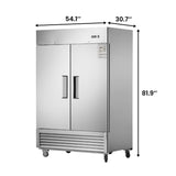 54"W Commercial Refrigerator 42 cu. ft. 2 Solid Door Reach-In Refrigerator
